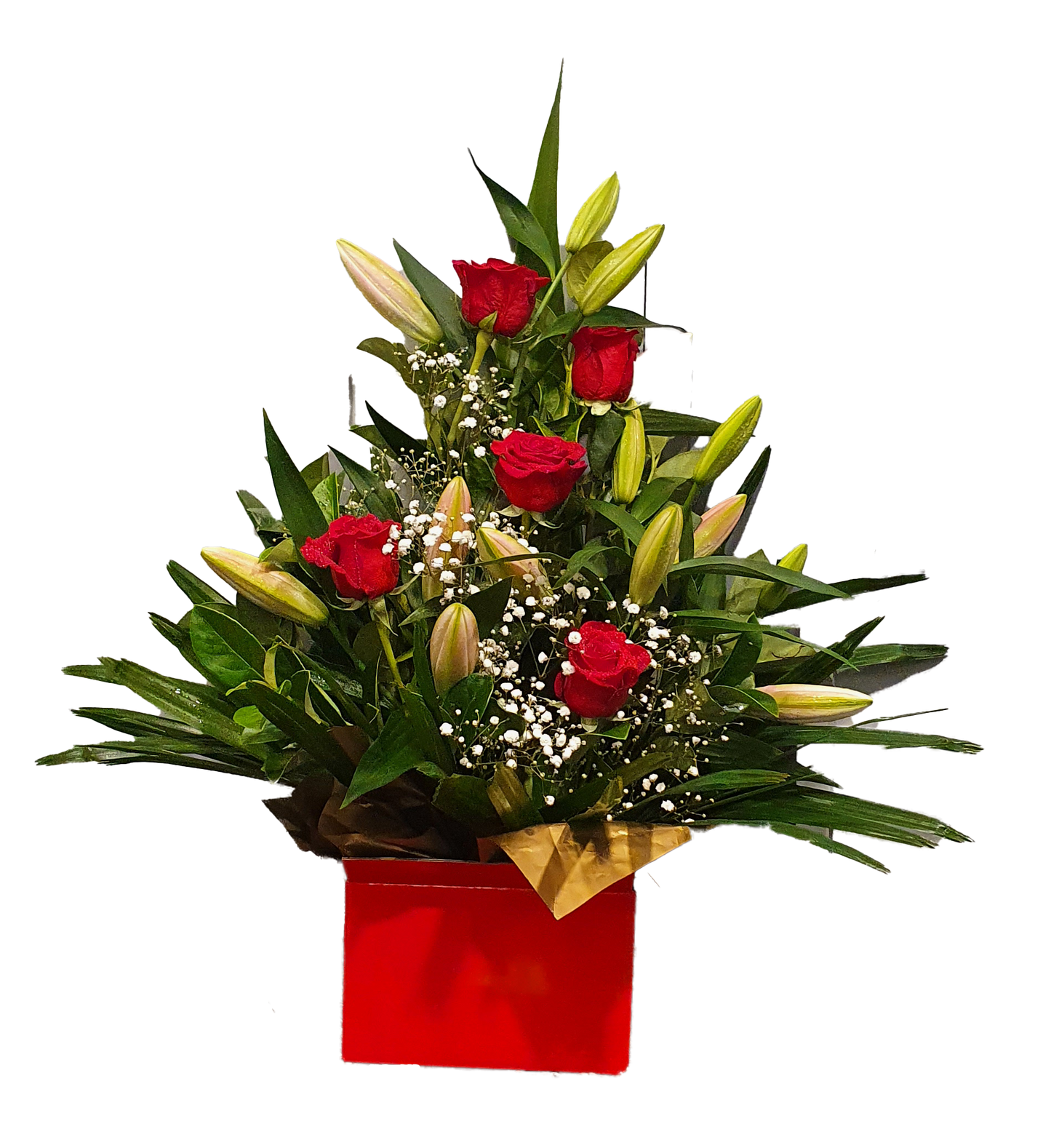 Magnificent box arrangement - Red Roses with Oriental Lilies
