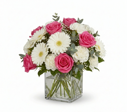 Vivory_ShortSquareVase-Angled-Gerbera-Carnations-Rose