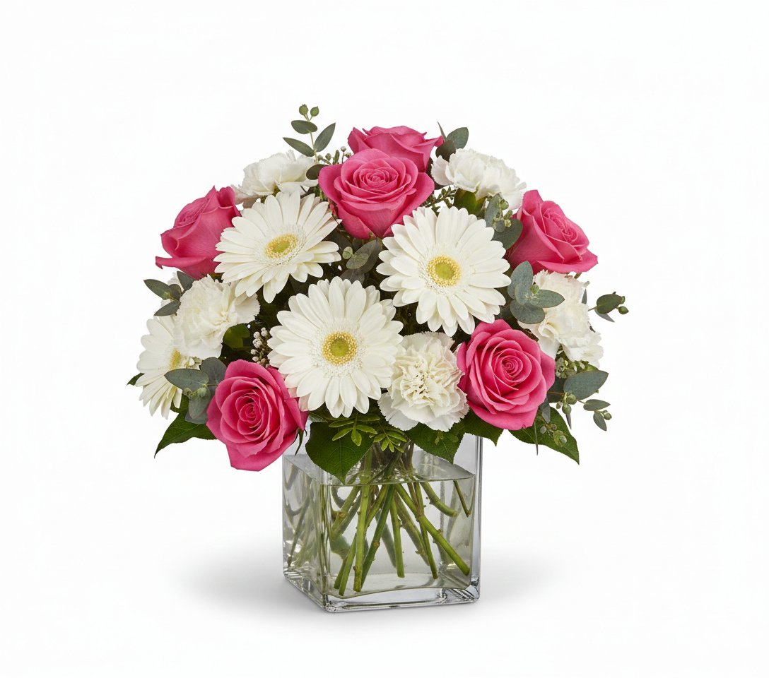 Vivory_ShortSquareVase_Gerbera-Carnations-Rose
