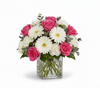 Vivory_ShortSquareVase_Gerbera-Carnations-Rose