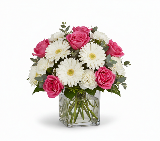 Vivory_ShortSquareVase_Gerbera-Carnations-Rose